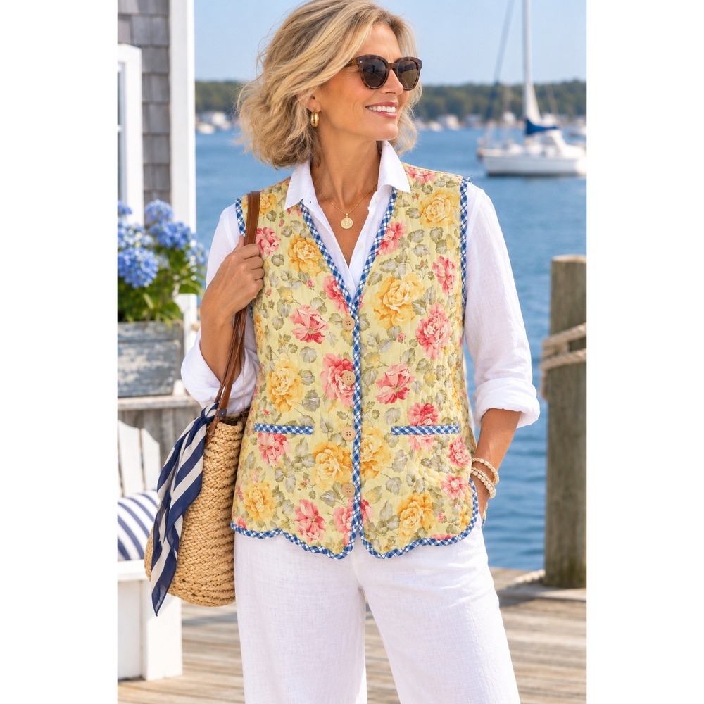 Vtg Button Front Vest Size M Yellow‎ Floral Gingham Trim